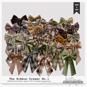 Könnte beinhalten: Eine Sammlung von 30 karierten und Samt-Schleifen in verschiedenen Farben und Mustern. Die Schleifen sind etwa 15 cm hoch. Der Text "The Ribbon Drawer No.1" wird angezeigt.