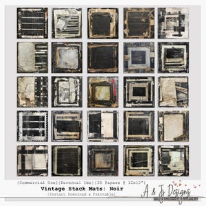 May include: A collection of 25 vintage stack mats in a Noir theme, each measuring 12x12 inches. The designs feature a mix of black, white, and gray textures, including paper and film elements. The mats are available for instant download and printing.