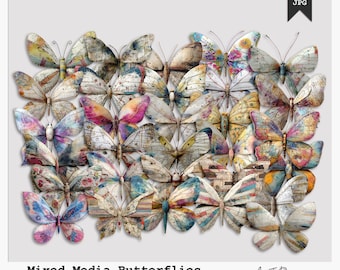 Mixed Media Butterflies | Vintage Collage Elements | Junk Journal, Scrapbooking | PNG & JPG Files