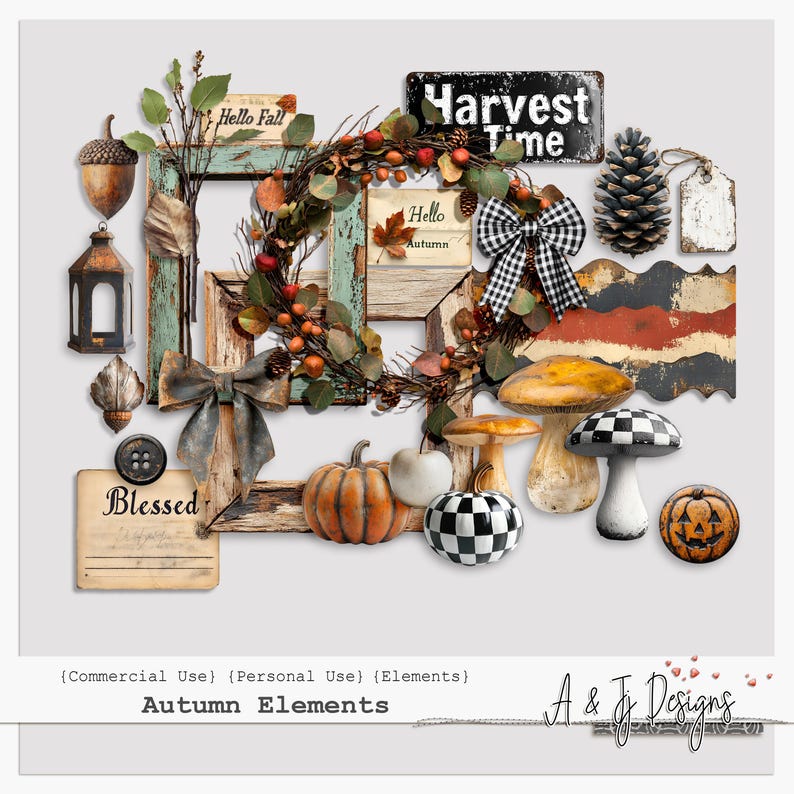 May include: Autumn themed digital scrapbook elements with a wreath, frames, signs, and other fall decorations. The signs say "Hello Fall", "Harvest Time", "Hello Autumn", and "Blessed".