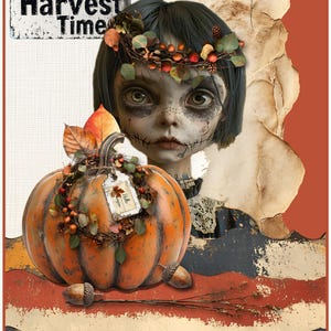 May include: A vintage-inspired illustration of a girl with a pumpkin and a wreath of fall leaves. The sign reads "Harvest Time".