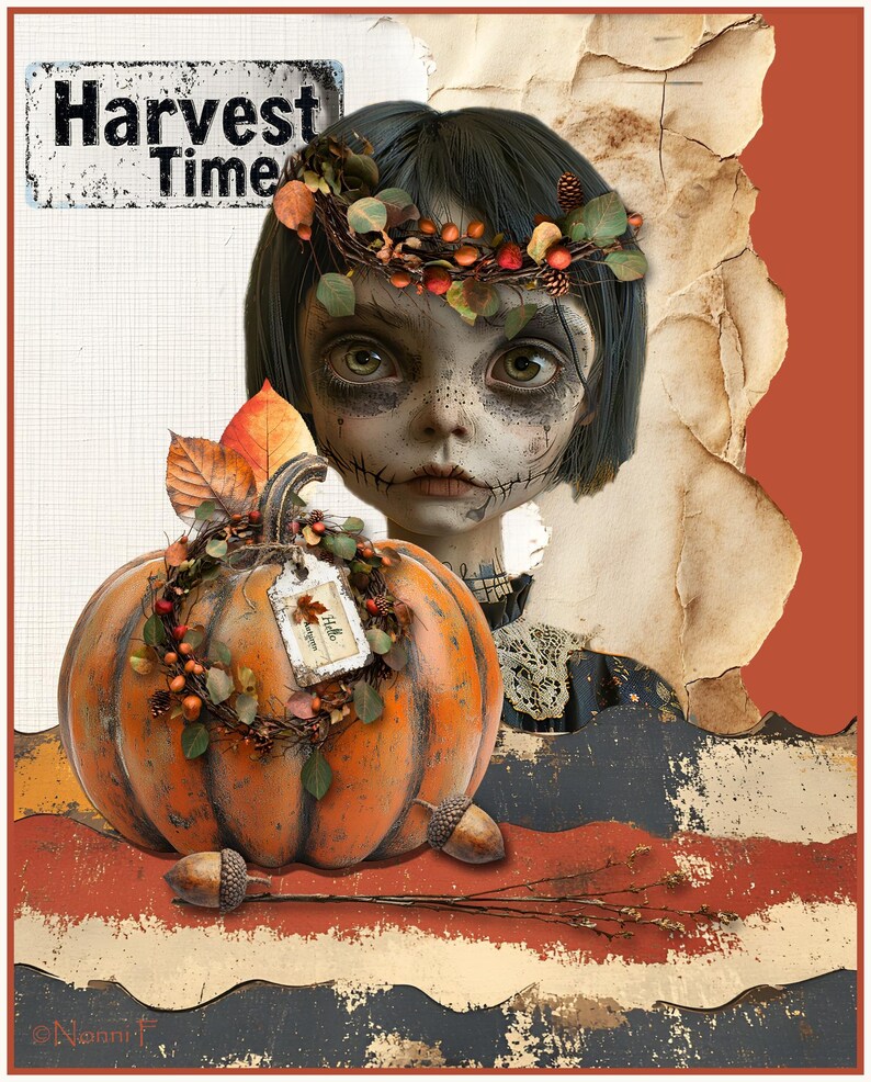 May include: A vintage-inspired illustration of a girl with a pumpkin and a wreath of fall leaves. The sign reads "Harvest Time".