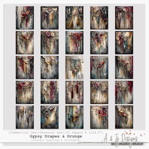 Cortinas gitanas y grunge / Papeles de diario basura góticos vintage / Descarga digital de grunge desgastado / Collage de cortinas y rosas boho