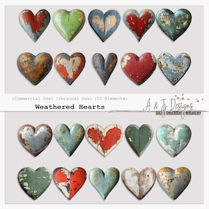 May include: Twenty weathered wooden hearts in a variety of colours, including red, green, blue, and brown. The hearts have a distressed, vintage appearance with peeling paint and visible wood grain. The text "Weathered Hearts" is visible.