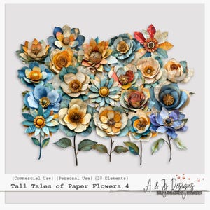 Tall Tales of Paper Flowers 4, Clipart floral vintage extravagante en azul y verde para diarios basura, álbumes de recortes, manualidades y más, archivos PNG