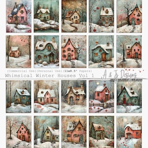 Whimsical Winter Houses Vol 1 Papiery, Użytek komercyjny, Do druku, 11x8,5", Dzienniki śmieci, Scrapbooking, Rękodzieło papierowe, Sztuka cyfrowa,