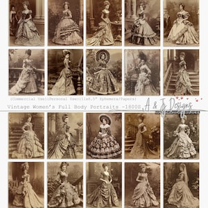 Puede incluir: Un collage de 18 fotografías vintage de mujeres en retratos de cuerpo entero, con vestidos y peinados elaborados. Las imágenes son en blanco y negro y tienen un tono sepia.