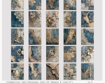 May include: A set of 25 digital papers with a vintage, distressed appearance. The designs incorporate blue, tan, and cream tones, with floral and lace details. Each paper measures 11x8.5 inches. The text on the image reads "The Heirloom Collection: Patina Blues".