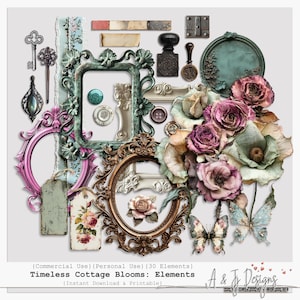 Éléments intemporels de fleurs de maison de campagne | Ephémères imprimables vintage | Cadres, fleurs, étiquettes et boutons clipart pour journal indésirable (30 éléments)