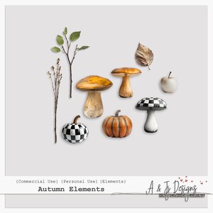 May include: Autumn themed decorative elements including a small pumpkin, a mushroom, a checkered mushroom, a leaf, a branch with leaves, and an apple.