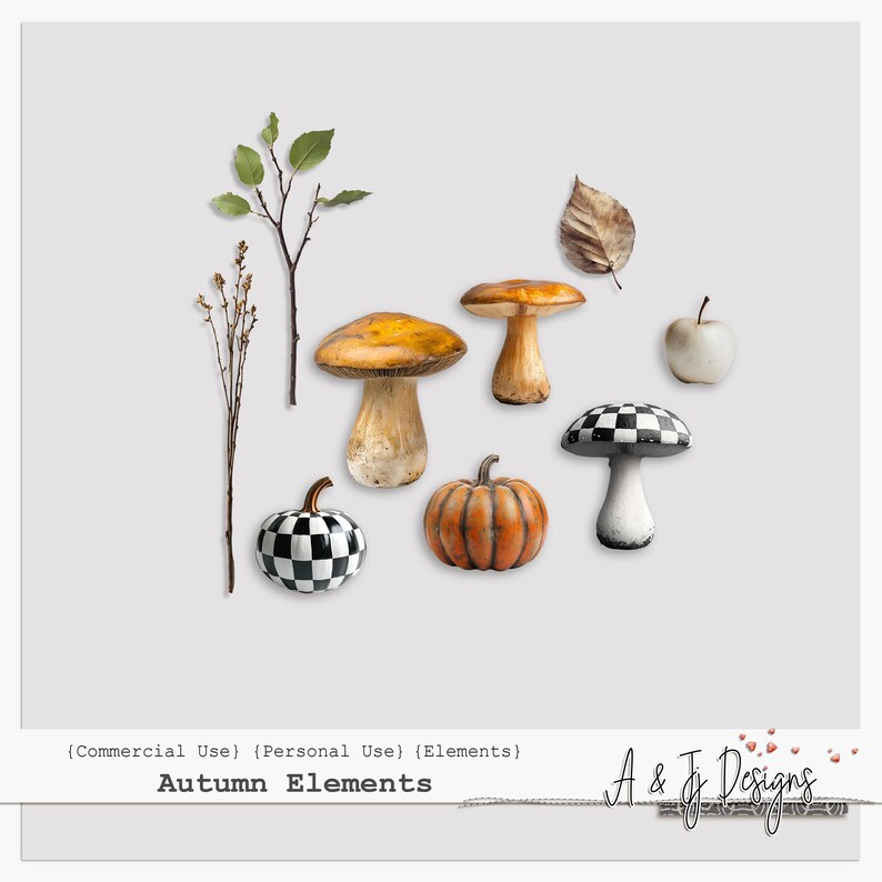 May include: Autumn themed decorative elements including a small pumpkin, a mushroom, a checkered mushroom, a leaf, a branch with leaves, and an apple.