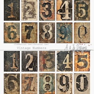 Numéros vintage, CU, imprimable, éphémères, papiers, format JPG, journal indésirable, scrapbooking, techniques mixtes, 11 x 8,5 po., téléchargement numérique