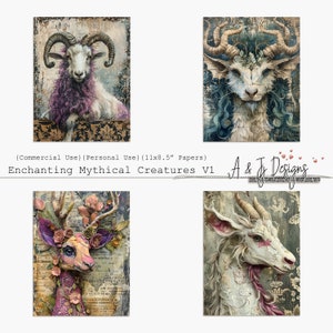 May include: Four digital paper designs featuring mythical creatures with intricate details. The designs include a ram with purple fur, a creature with antlers and a floral crown, a creature with horns and a blue mane, and a creature with horns and a pink mane. The papers are 28 cm by 21.5 cm.