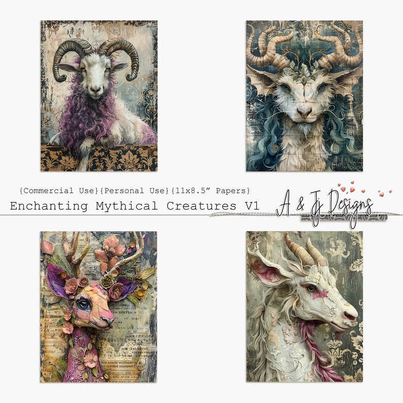 May include: Four digital paper designs featuring mythical creatures with intricate details. The designs include a ram with purple fur, a creature with antlers and a floral crown, a creature with horns and a blue mane, and a creature with horns and a pink mane. The papers are 28 cm by 21.5 cm.