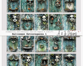 May include: A collage of 20 Halloween-themed digital papers. Each paper features a teal wooden door design with various spooky elements like bats, pumpkins, and eerie faces. The text "Halloween Extravaganza 1" is visible.