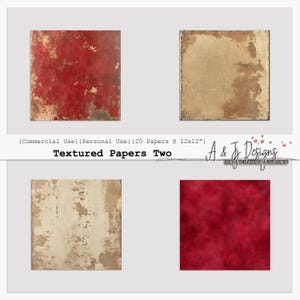 May include: Four digital paper textures in a set. Two are red with a distressed look and two are beige with a distressed look. The papers are 12 inches by 12 inches and are for personal and commercial use.