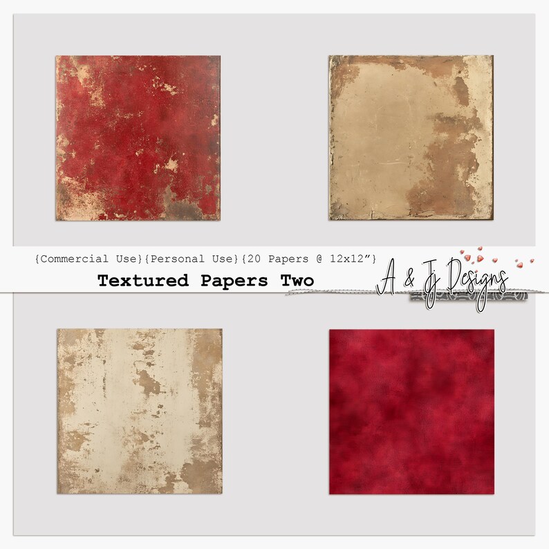 May include: Four digital paper textures in a set. Two are red with a distressed look and two are beige with a distressed look. The papers are 12 inches by 12 inches and are for personal and commercial use.