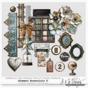 May include: A selection of digital clipart elements in a vintage style. The image includes a distressed window, floral accents, ornate frames, tags, a star, a heart, and a decorative birdcage. The colour palette features muted blues, browns, and creams. Text on the image reads "Element Essentials 6".