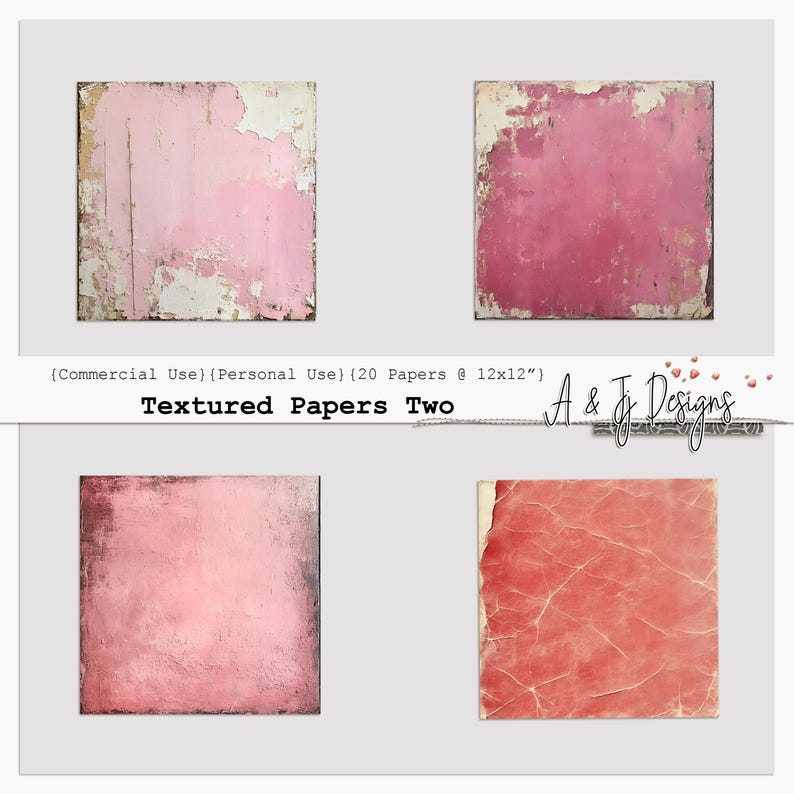 May include: Four digital paper textures in pink and red tones. The papers have a distressed, vintage look with cracks and peeling paint. The papers are 12 inches by 12 inches and are for commercial and personal use. The text "Textured Papers Two" is at the bottom of the image.