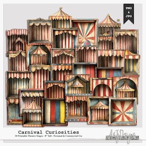 May include: A collection of 30 printable theatre stages featuring vintage carnival designs with red, white, and blue striped patterns, arched openings, and tent-like structures. The text reads Carnival Curiosities, 30 Printable Theatre Stages - 8" Tall - Personal & Commercial Use, PNG & JPG.