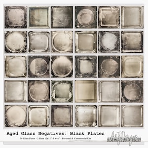May include: A collection of thirty square glass plates featuring aged, distressed textures in shades of gray, brown, and white. The image includes the text: Aged Glass Negatives: Blank Plates, 30 Glass Plates - 2 Sizes 12x12" & 6x6" - Personal & Commercial Use, A&J Designs.