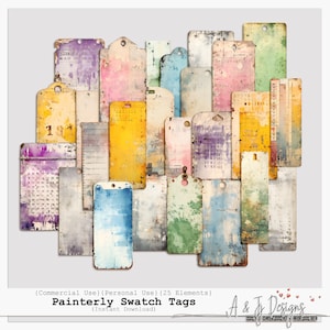 May include: A set of 25 digital paint-splattered tags in various colors, including yellow, blue, green, pink, and purple. The tags are designed to look like old, worn paper with a distressed, vintage aesthetic.  (Commercial Use) (Personal Use) (25 Elements) Painterly Swatch Tags (Instant Download) A & Jy Designs