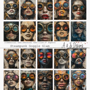 Steampunk Goggle Glam, CU, PU, Imprimible, Papeles, Efímera, JPG, Diario basura, Scrapbooking, Técnica mixta, 11x8.5", Arte descargable digital