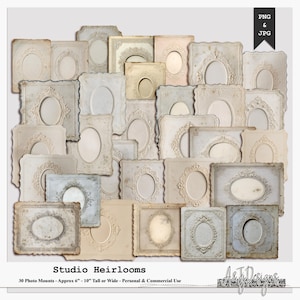 May include: A collection of thirty digital photo mounts in various rectangular and square shapes, featuring ornate embossed borders, aged paper textures, and central oval or rectangular cutouts. Text reads Studio Heirlooms and PNG & JPG.