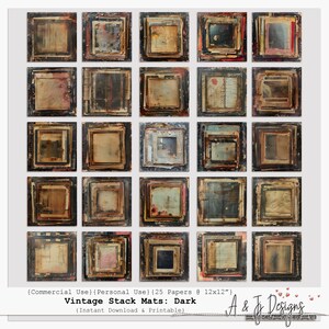 May include: A collection of 25 dark vintage stack mats, each with a unique layered design. The mats are square, with a variety of colors including brown, black, and hints of red and blue. The text "Vintage Stack Mats: Dark" is visible.
