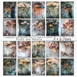 Puede incluir: Un collage digital de 20 imágenes con nubes blancas esponjosas con luces brillantes y detalles florales. Las nubes se colocan sobre un fondo de pared texturizada con una estética vintage descolorida. El texto "Fluff and Petals" se muestra en la parte inferior del collage.