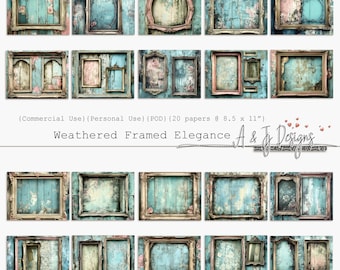 May include: Twenty digital paper designs featuring weathered, ornate frames in shades of blue, pink, and white. The frames are set against a distressed wood background.