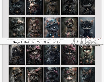 Retratos de gatos góticos reales, papeles para álbumes de recortes digitales, papeles góticos, imprimibles, papeles para diarios basura, efímeras, conservación de recuerdos, 11 x 8,5"