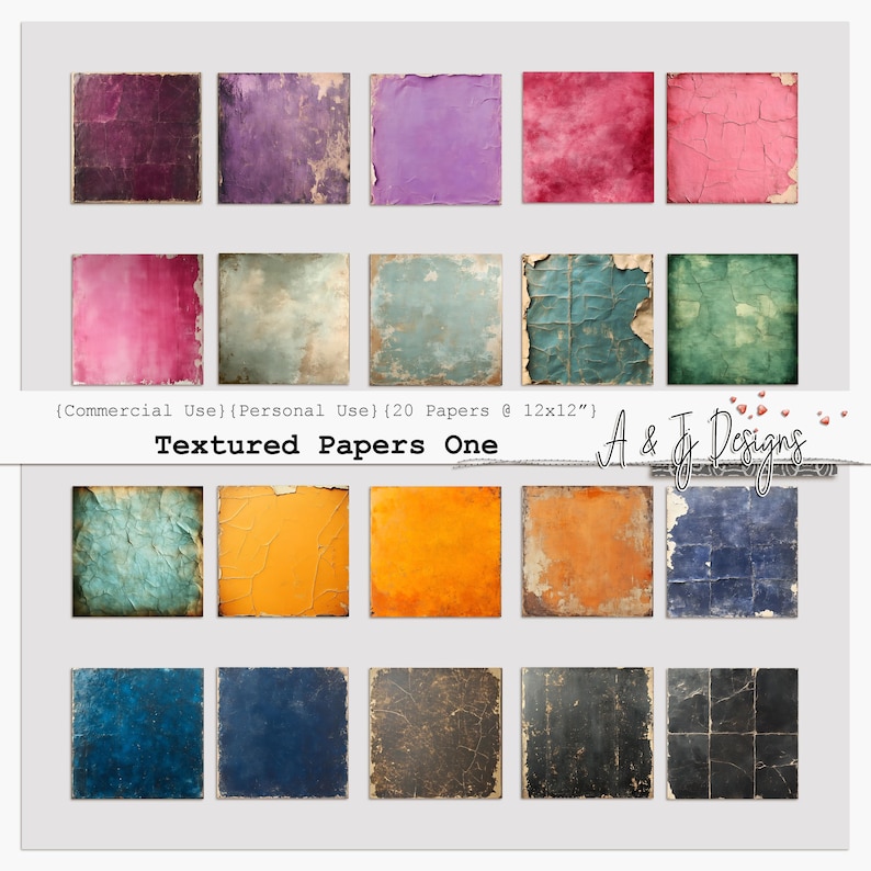 May include: A collection of 20 textured papers in various colors, including purple, pink, and blue. Each paper has a distressed, aged appearance with torn edges. The text "Textured Papers One" is displayed.