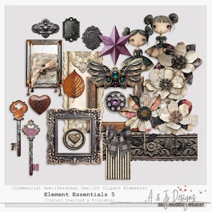 May include: A collection of vintage-style clipart elements, including frames, keys, flowers, and decorative accents. The color palette includes brown, black, and purple tones. The text "Element Essentials 5" is visible.