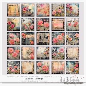 Garden Grunge / Pacchetto di carta digitale / 25 fogli di carta da giornale grunge floreale / Sfondi vintage per album di ritagli / Fogli di collage stampabili 12x12