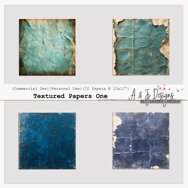 May include: A collection of four textured paper designs in shades of blue and teal. The papers have a distressed, aged appearance with visible creases and torn edges. The text "Textured Papers One" is displayed below the papers, with the dimensions of the papers being 12x12 inches.