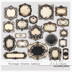 Può includere: Una collezione di 20 etichette vintage ornate con un design nero e oro. Le etichette sono perfette per aggiungere un tocco di eleganza ai tuoi progetti.