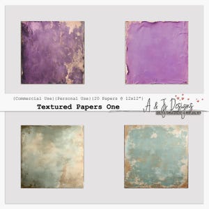May include: Four square digital papers with textured, distressed designs. The papers feature shades of purple, teal, and beige, with visible wear and tear. The text "Textured Papers One" is displayed.