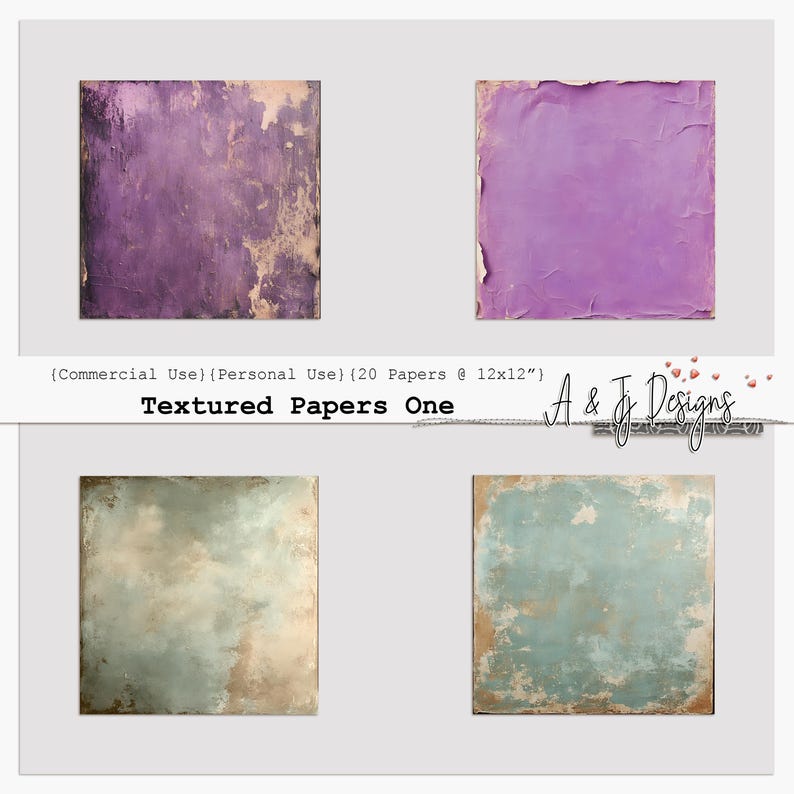 May include: Four square digital papers with textured, distressed designs. The papers feature shades of purple, teal, and beige, with visible wear and tear. The text "Textured Papers One" is displayed.