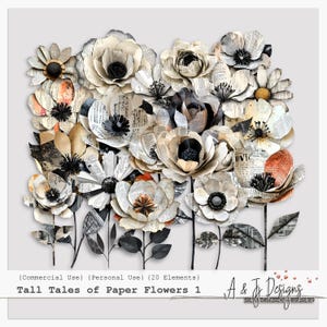 Tall Tales of Paper Flowers 1, Clipart floreali vintage stravaganti per diari spazzatura, scrapbooking, artigianato fai da te e collage digitali, file PNG