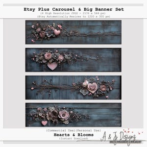 May include: A set of four Etsy banner templates featuring floral and heart designs. Each banner has a dark blue wood grain background with pink and gray flowers, hearts, and decorative elements. The text "Hearts & Blooms" is visible.