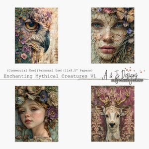 May include: Four digital collage papers featuring mythical creatures. The papers feature a close-up of an owl's face, a woman's face with flowers, a young girl's face with flowers, and a deer's face. The papers are designed for crafting and scrapbooking.