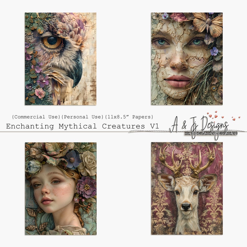 May include: Four digital collage papers featuring mythical creatures. The papers feature a close-up of an owl's face, a woman's face with flowers, a young girl's face with flowers, and a deer's face. The papers are designed for crafting and scrapbooking.