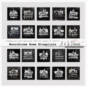 Monochrome Home Blueprints, 20 fogli digitali, 12x12" per progetti di Junk Journal e Scrapbook