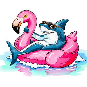 Cool Shark on Flamingo Float Clipart PNG, Funny Summer Beach Design, Cartoon Ocean Animal with Sunglasses, Pool Party (Digital Download)