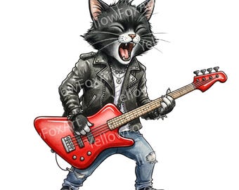Rock Cat Guitarist Art Print: Funny Music Lover Gift (Digital PNG)