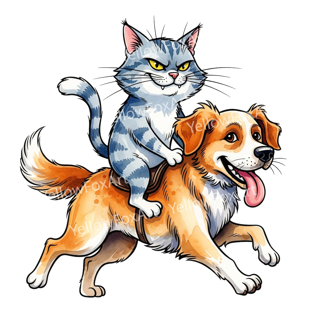 Kitten Riding Dog Funny Cat Riding Dog PNG: Playful Animal Friendship Art (digital ...