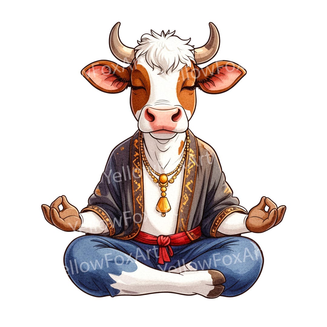 Zen Cow Yoga Clipart: Meditating Animal Illustration (digital Download ...