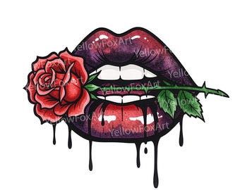 Gothic lippen met rode roos clipart, donkere esthetische lippen png voor sublimatie, sticker, T-shirtontwerp (digitale download)