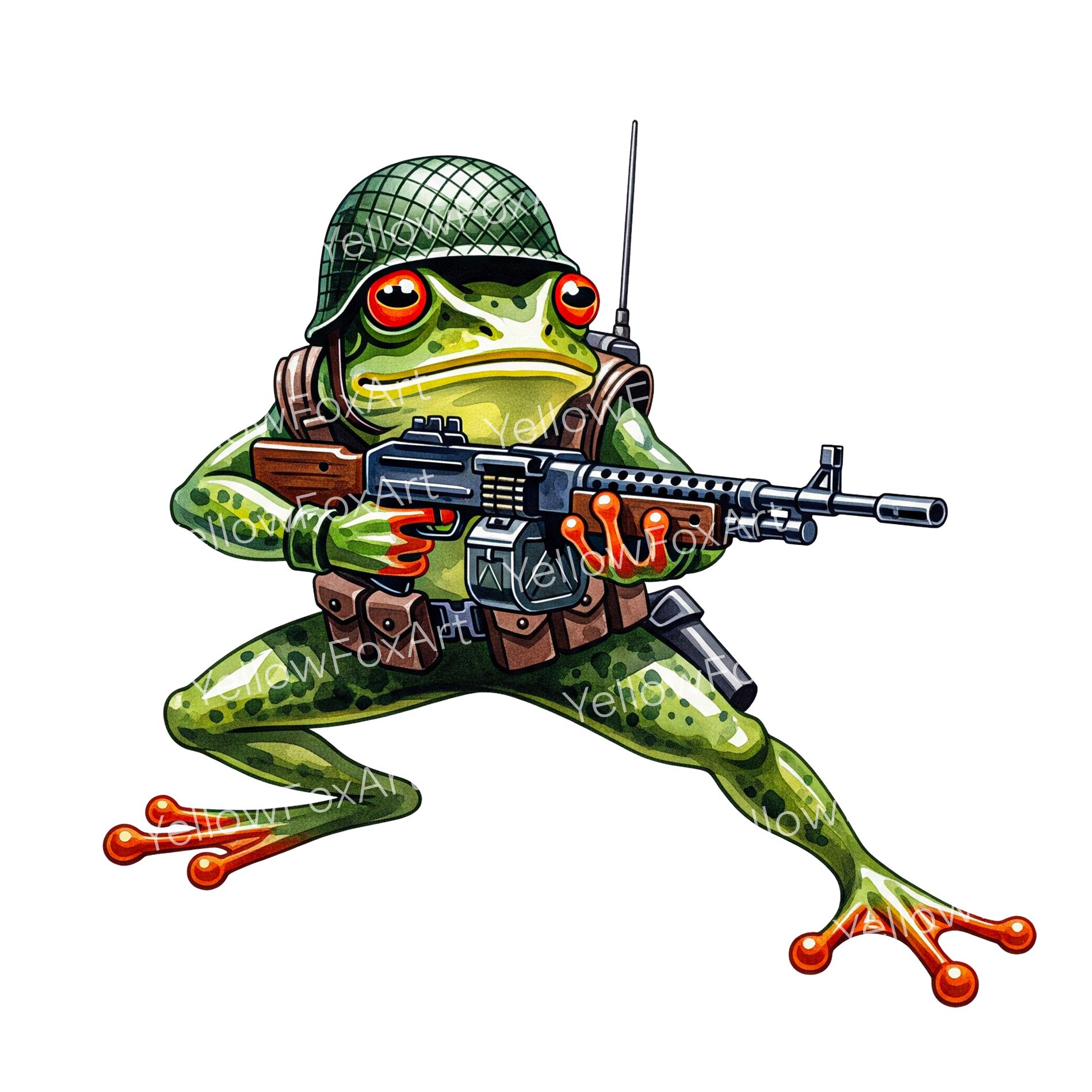 Frog Soldier Clipart PNG, Military Frog Cartoon With Rifle, Funny